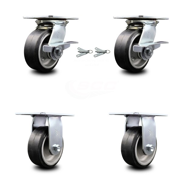 5 Inch Rubber on Aluminum Caster Brakes/Swivel Locks and 2 Rigid SCC, 2PK